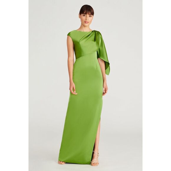 NWT Theia Tilly Satin Draped Column Slit Maxi Dress Paradise Green Size 8 $745 - Picture 1 of 9